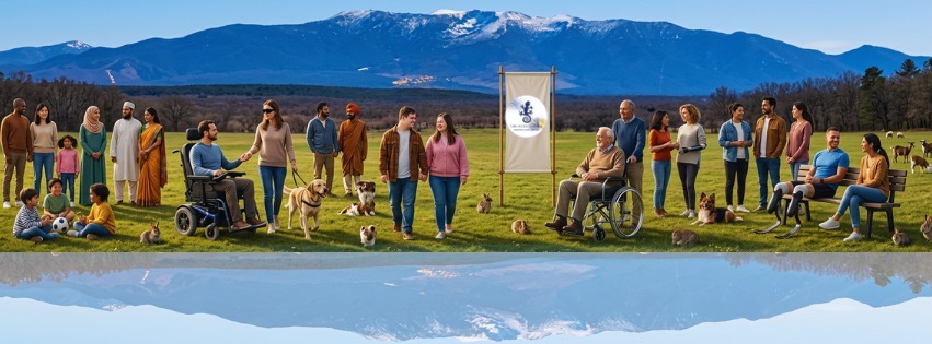Grupo de personas de distintas edades y capacidades, algunas usuarias de silla de ruedas, reunidas al aire libre frente a la montaña